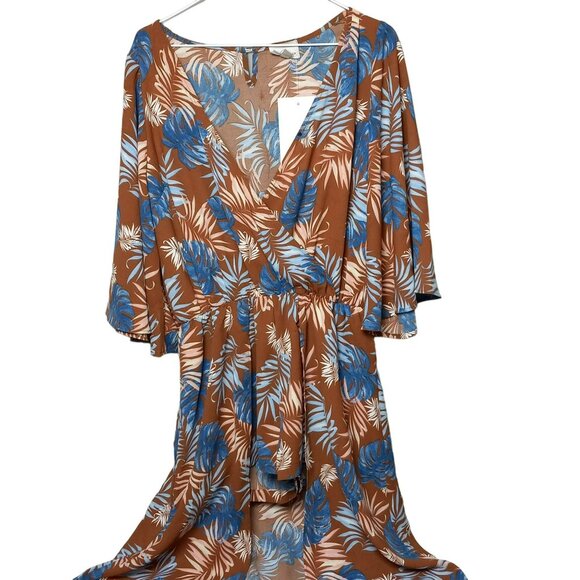Blu Heaven Maxi Dress Women Small Tropical Beachy Boho V Neck‎ Brown Blue NWT - Picture 2 of 10